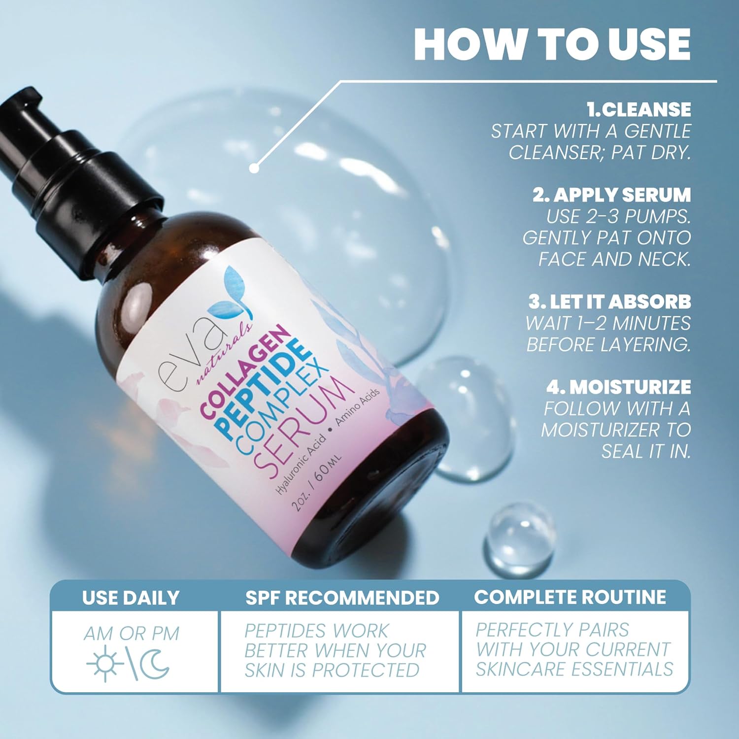 Collagen Serum for Face by Eva Naturals - Anti Aging Multi Peptide Face Serum with Hyaluronic Acid - Firming Hydrating Wrinkle Reducer Peptide Serum for Women & Men - Fragrance Free 2 oz